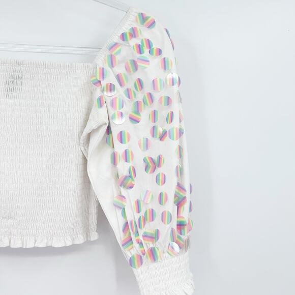 Queen of Sparkles White Smocked Top Iridescent Sequin Polka Dot Womens Size XS - Picture 7 of 14